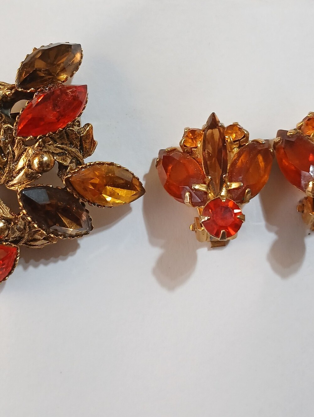 Vintage-Inspired Amber Crystal Clip-On Earrings and Brooch Set